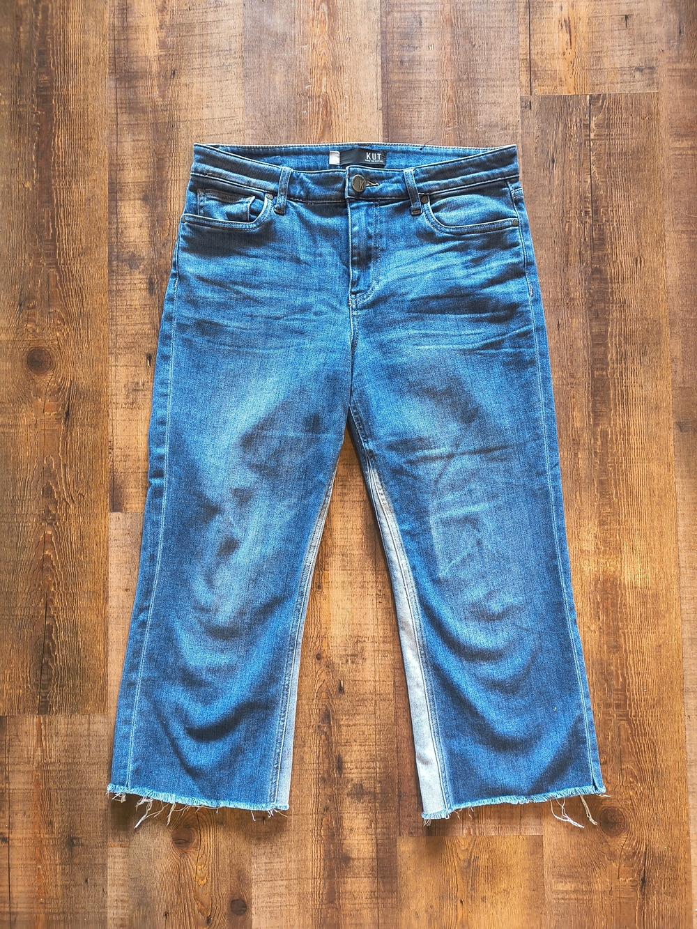 Kut From The Kloth Navy Blue White Shredded High Rise Ankle Flare Jeans Size 8